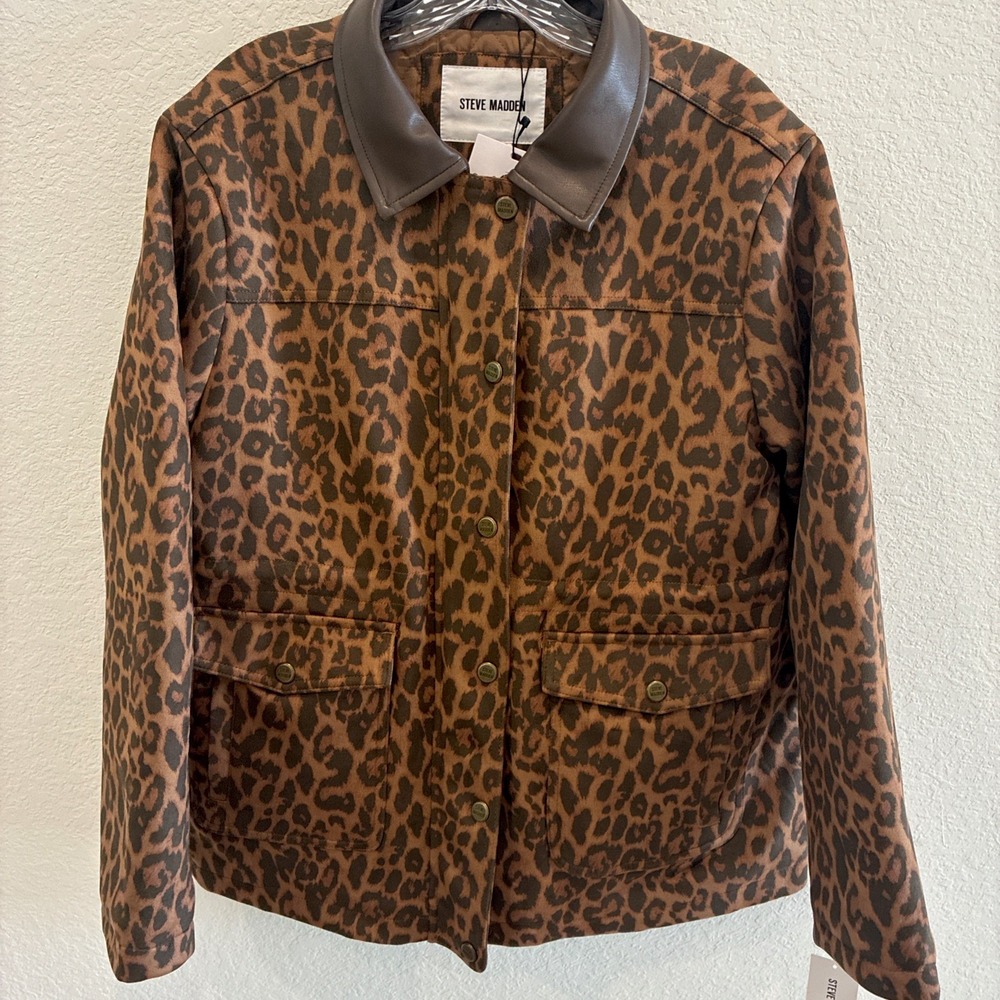 STEVE MADDEN~ Women's Brown/Black Leopard Print Velour Zip Button Jacket Size M